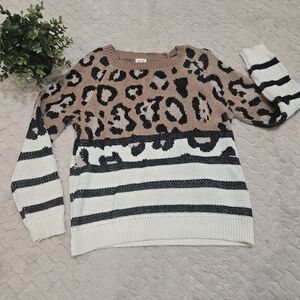 Wanna B Leopard Print and Striped Knit Soft Sweater, Size Small